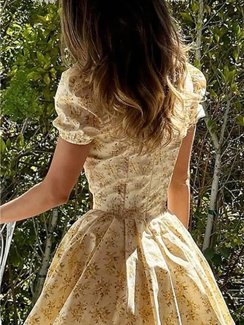 Commense Pale Yellow Floral V-Neck Puff Sleeve Mini Dress XS - Picture 4 of 6